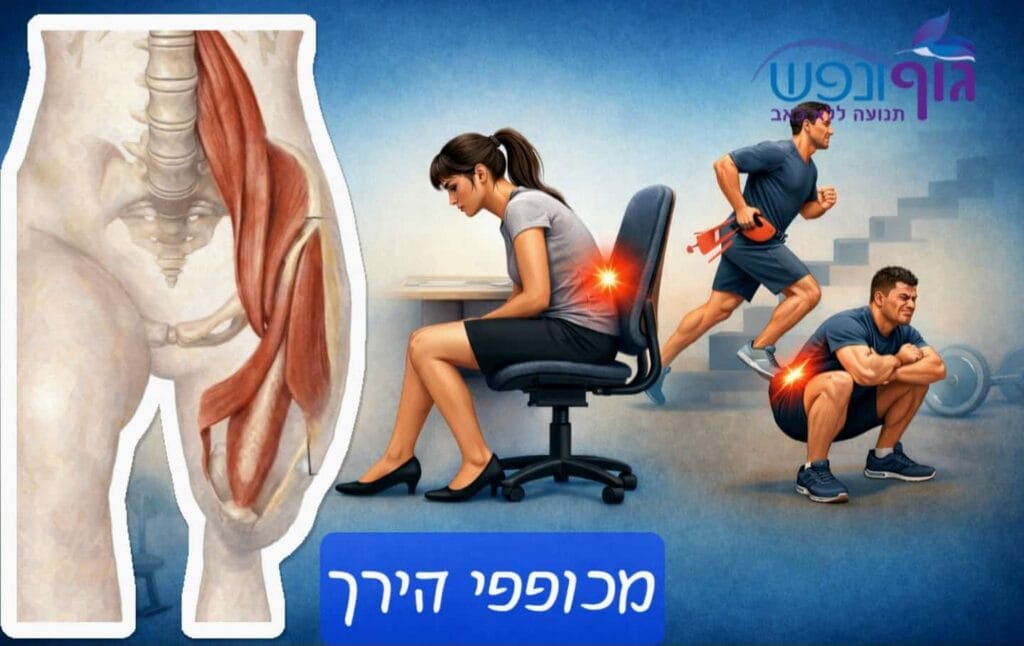 ‏תרשים שמראה את מכופפי הירך, איליופסואס, TFL וישר הירך, והקשר בין מתח במפשעה לכאב גב תחתון