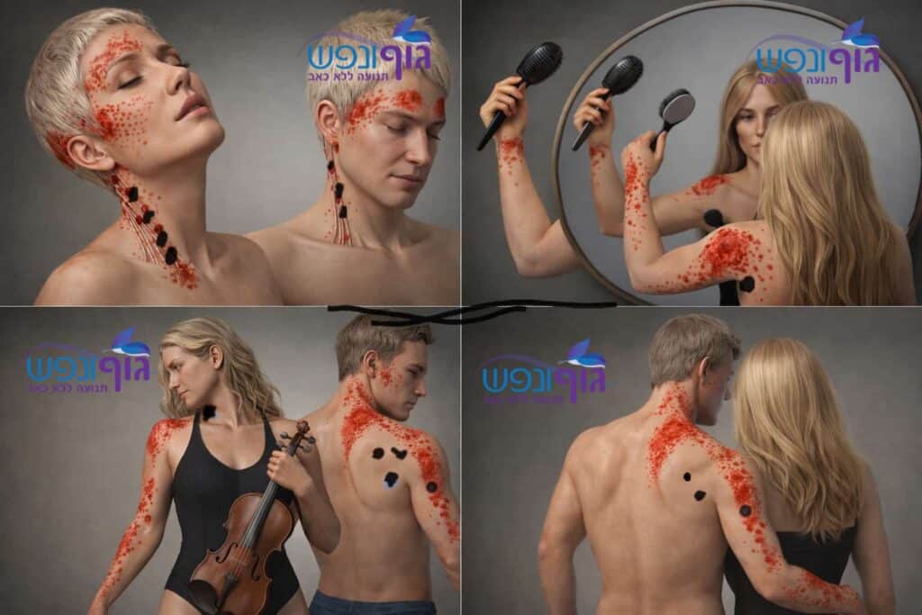 מודלים אנטומיים המדגימים נקודות טריגר בשרירי הצוואר והשכמה ואת דפוסי הכאב המוקרן המסומנים באדום.