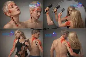 מודלים אנטומיים המדגימים נקודות טריגר בשרירי הצוואר והשכמה ואת דפוסי הכאב המוקרן המסומנים באדום.