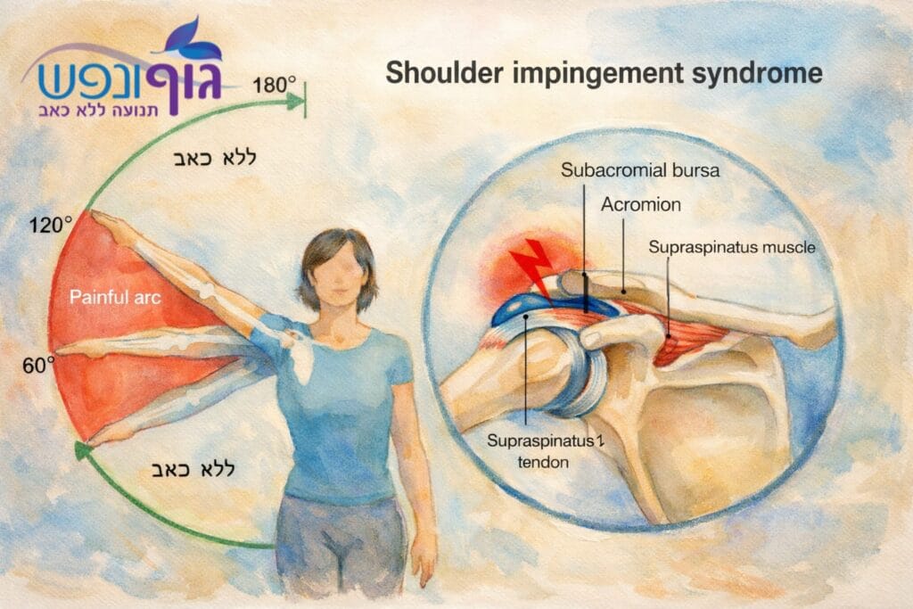 איור אנטומי המדגים תסמונת צביטה בכתף (Shoulder Impingement). האיור מראה אישה מרימה יד עם סימון של "קשת הכאב" בין 60 ל-120 מעלות, לצד תקריב המציג את הלחץ והחיכוך של גיד הסופרספינטוס (Supraspinatus) והבורסה תחת עצם רום השכמה (Acromion).